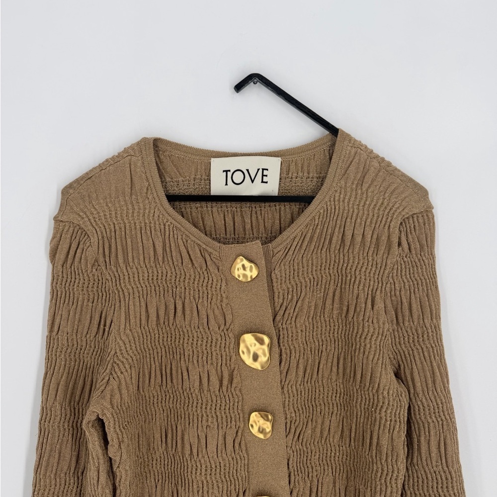 Tove Anja Shirred Metallic Ruched Stretch Knit Gold Big Button Cardigan In Gold